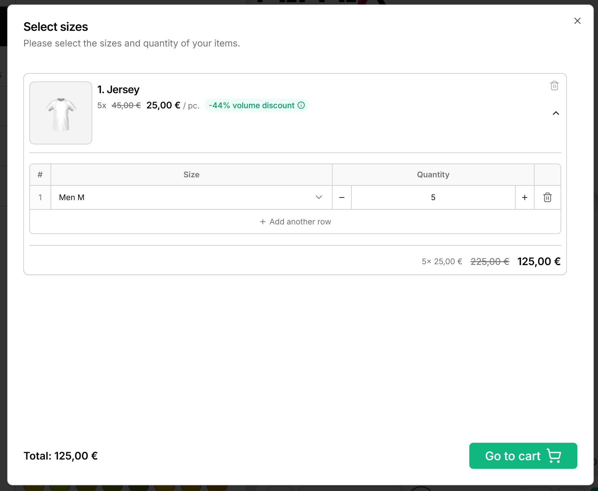 Size selection with live pricing and quantity discounts in the configurator