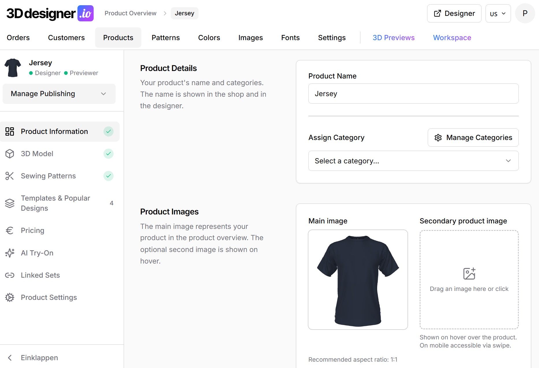 Product management in the 3D Designer admin dashboard