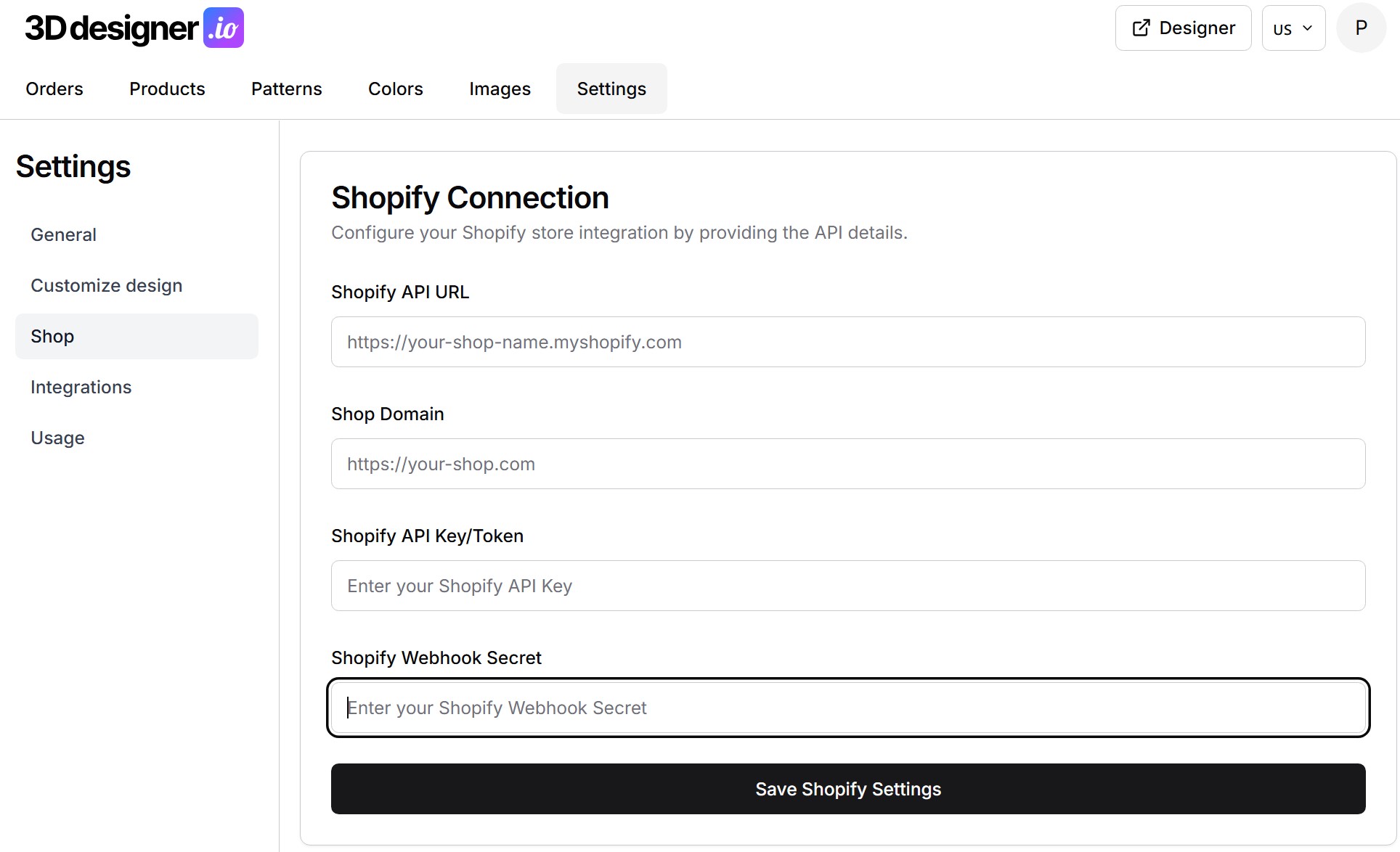 Shopify connection in the admin dashboard settings
