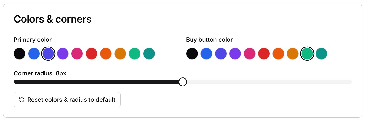 Primary Color, purchase button color, and corner radius in the admin dashboard