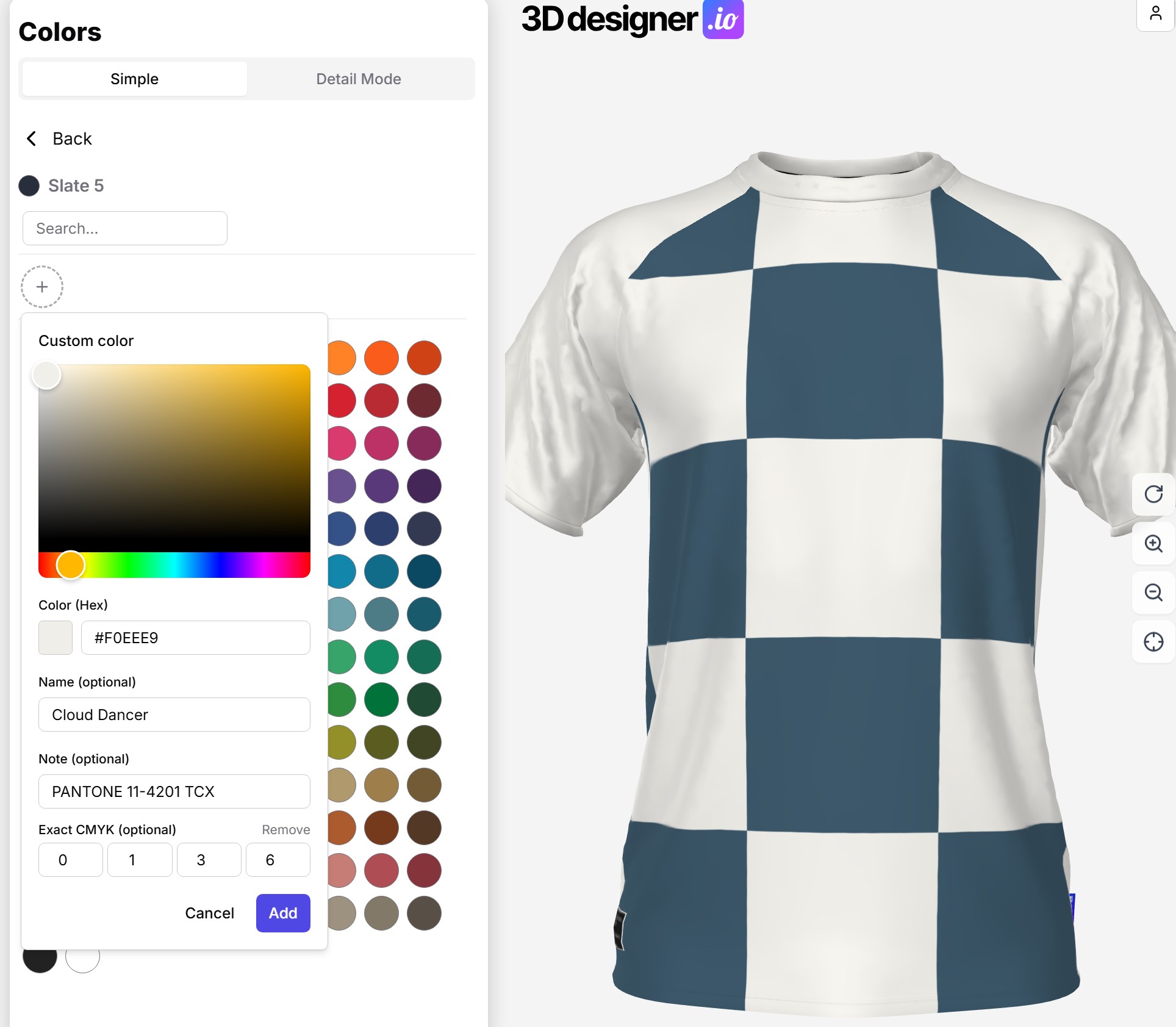 Color Picker for custom colors with hex value, name, and CMYK