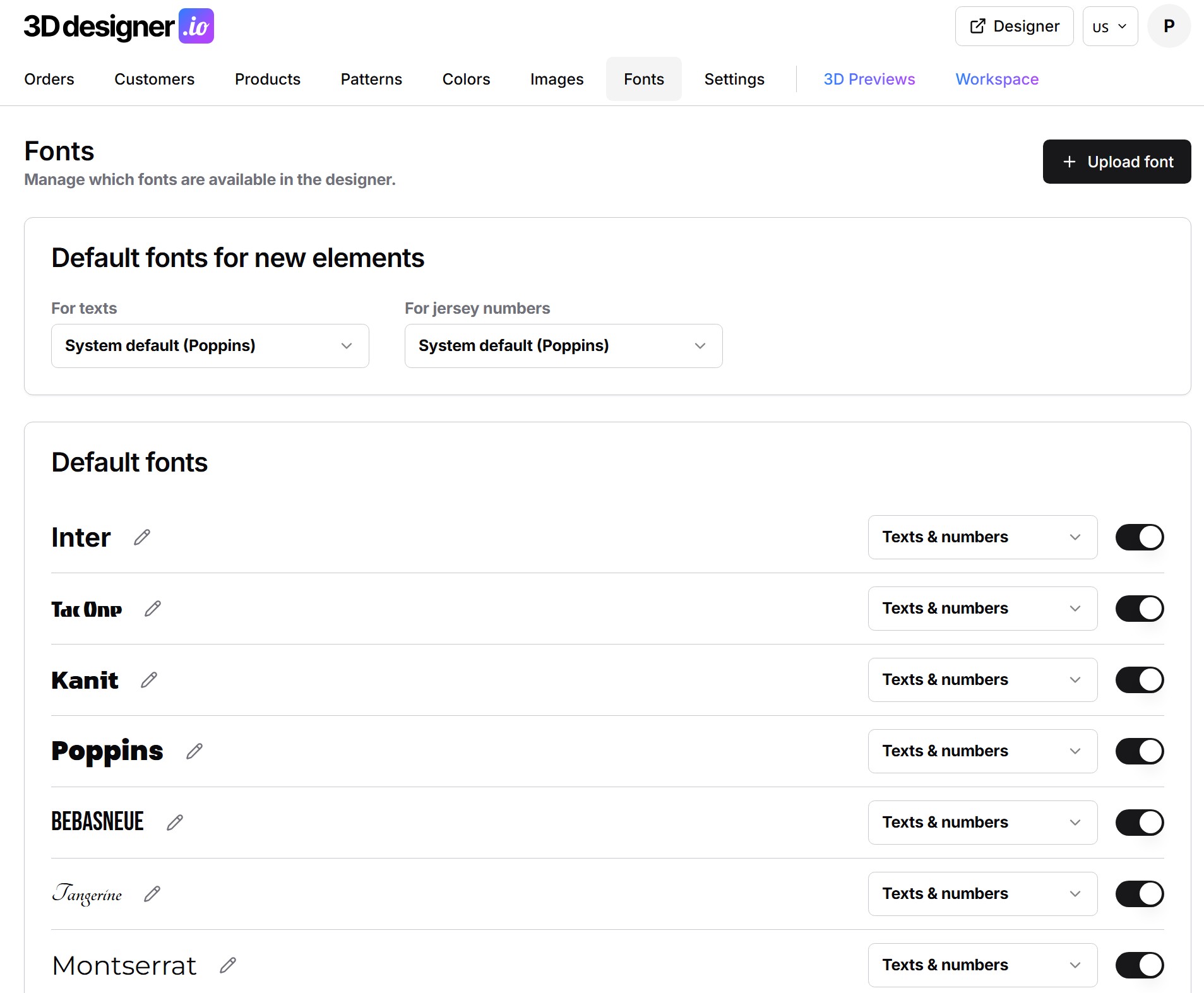 Font management in the admin dashboard